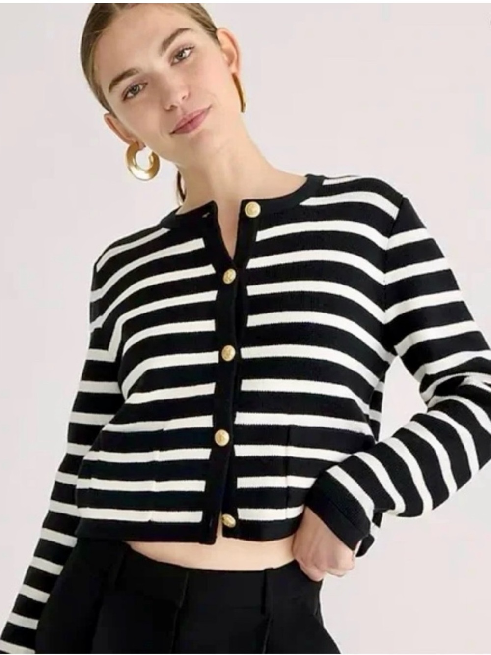 J. Crew Size M Black + Ivory Emilie Stripe Sweater Lady Jacket Gold Button